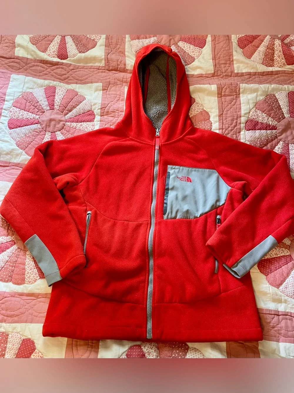 The North Face Youth 14/16 Red Hooded Fleece Jacket with Gray Accents
